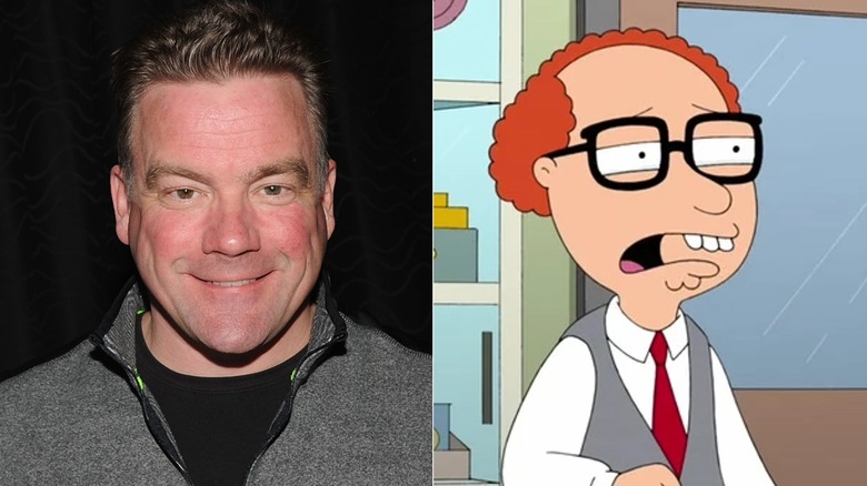 Johnny Brennan smiling; Mort looking upset in Family Guy