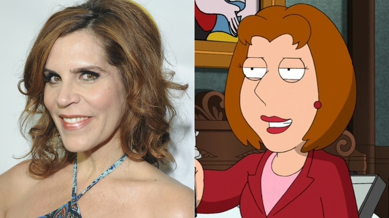 Lori Alan at a charity benefit; Diane Simmons holding a gun in Family Guy