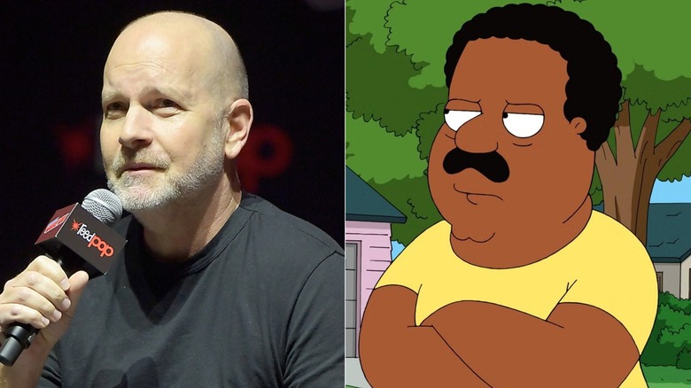 Mike Henry speaking at New York Comic-Con; Cleveland with his arms crossed in Family Guy