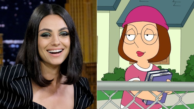 Mila Kunis laughing on The Tonight Show; Meg swooning and holding textbooks in Family Guy