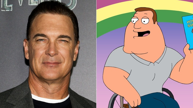 Patrick Warburton smiling; Joe presenting a kid's book in Family Guy