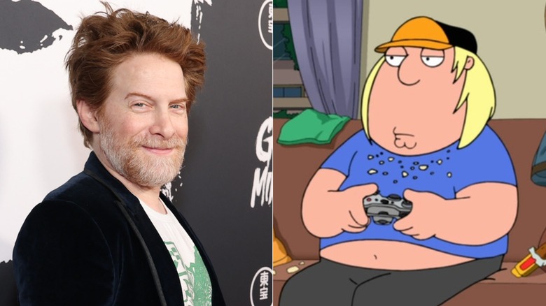 Split image of Seth Green and Chris Griffin sitting on a couch playing games in Family Guy