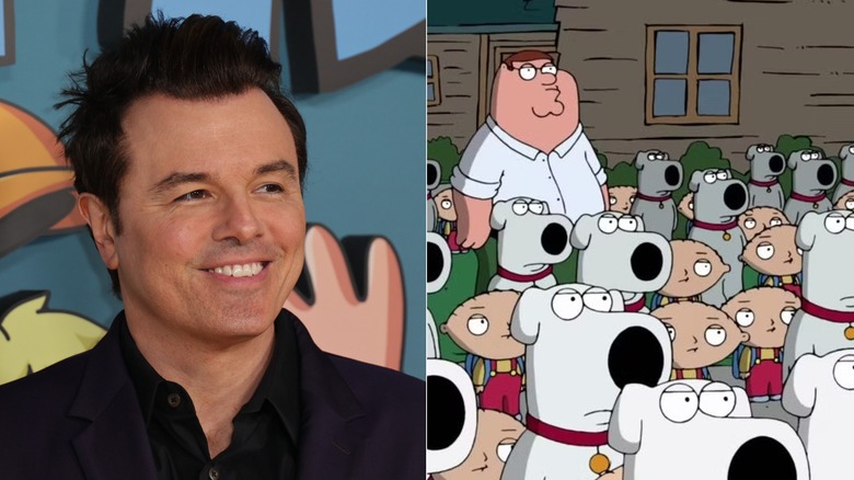 Split image of Seth MacFarlane and Clones of Stewie, Brian, and one Peter in the Griffin's yard in Family Guy