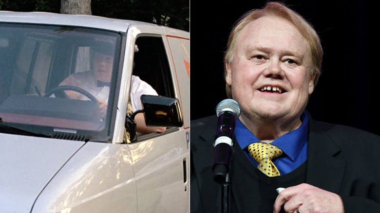 Delivery guy in van, Louie Anderson on stage