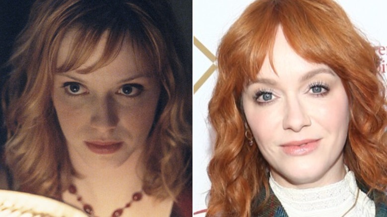 Christina Hendricks in Firefly and staring at the camera at a Lifetime event