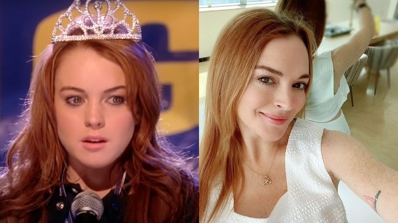 Lindsay Lohan wears homecoming crown on left, smiles on right