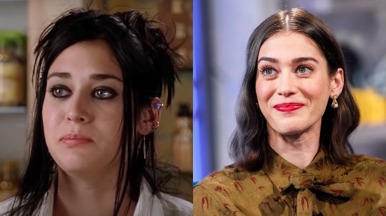 Lizzy Caplan in goth makeup on left, wearing red lipstick on right