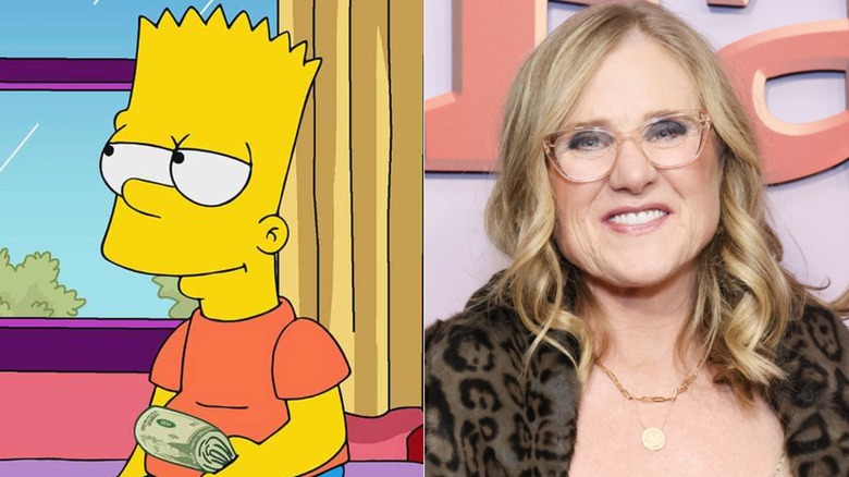 Bart Simpson in The Simpsons and Nancy Cartwright smiling at a Simpsons event in December 2024 in Los Angeles