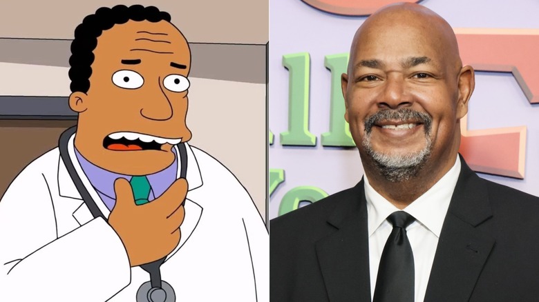 Dr. Hibbert in The Simpsons and Kevin Michael Richardson smiling at a Simpsons event in December 2024 in Los Angeles