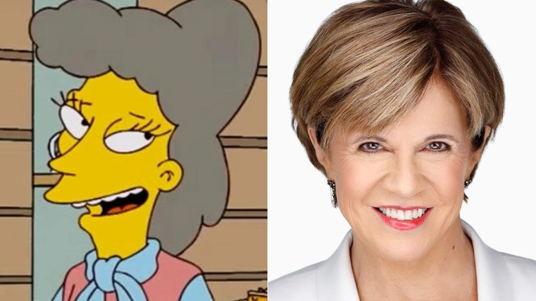 Helen Lovejoy in The Simpsons and Maggie Roswell smiling on a white background