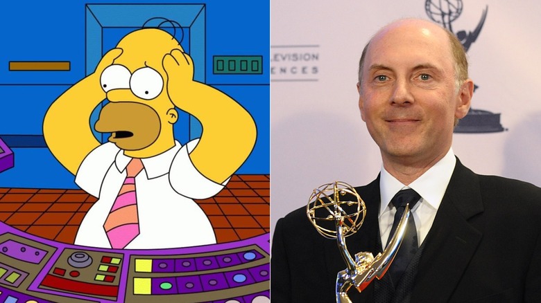 Homer Simpson in The Simpsons and Dan Castellaneta happily holding his Emmy Award in Los Angeles in September 2009