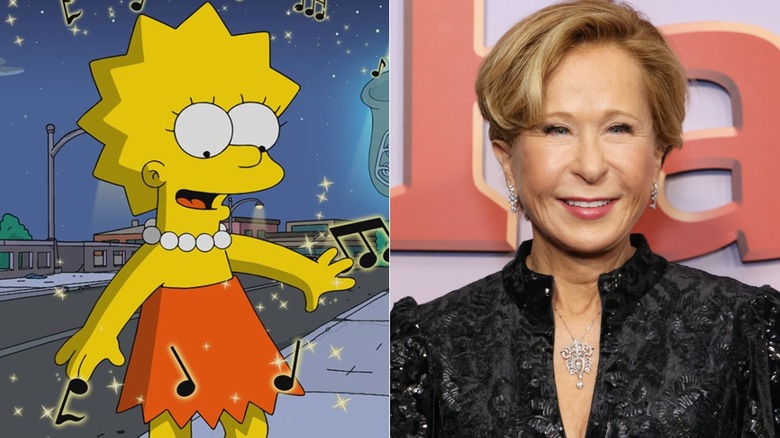 Lisa Simpson in The Simpsons and Yeardley Smith smiling at a Simpsons event in Los Angeles in December 2024