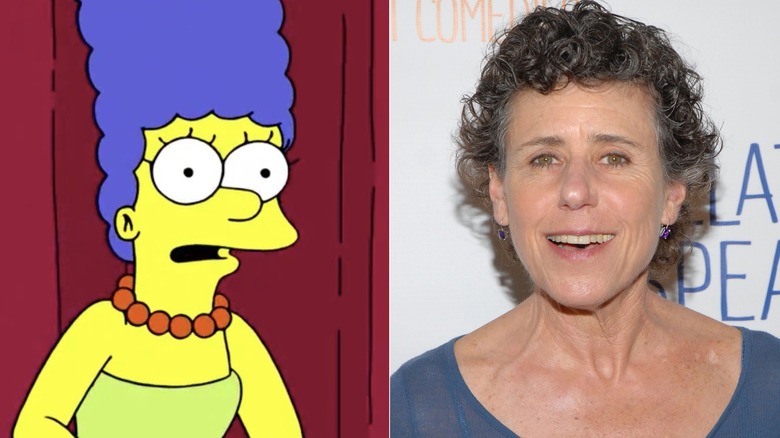 Marge Simpson in The Simpsons and Julie Kavner smiling at a Broadway meet & greet in September 2011