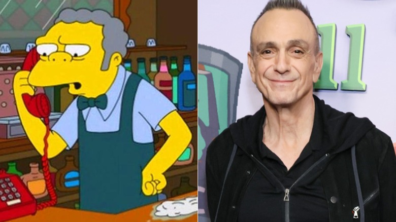 Moe Szyslak in The Simpsons and Hank Azaria smiling during an appearance at a Simpsons event in Los Angeles in December 2024