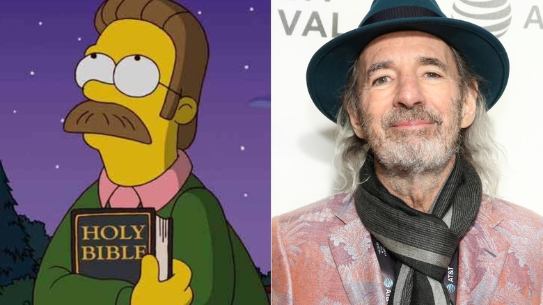 Ned Flanders in The Simpsons and Harry Shearer smiling at a Simpsons event in New York City in April 2019