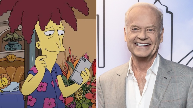 Sideshow Bob in The Simpsons and Kelsey Grammer smiling at the Frasier season two premiere in September 2024 in Toronto, Canada