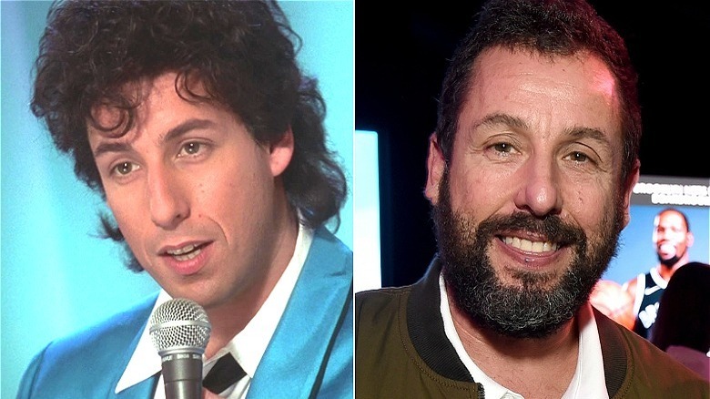 Left: Sandler wic mic and long curly/Right: Sandler with beard, smiling for camera