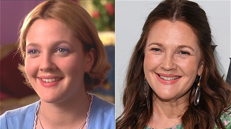 Left: Barrymore short blonde hair/, blue sweater/Right: Barrymore long brown hair, smiling at camera