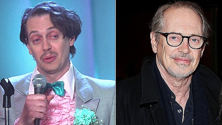 Left, Buscemi with mic in tux/ right: Buscemi wearing glasses