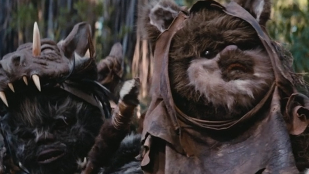 Close-up of two Ewoks