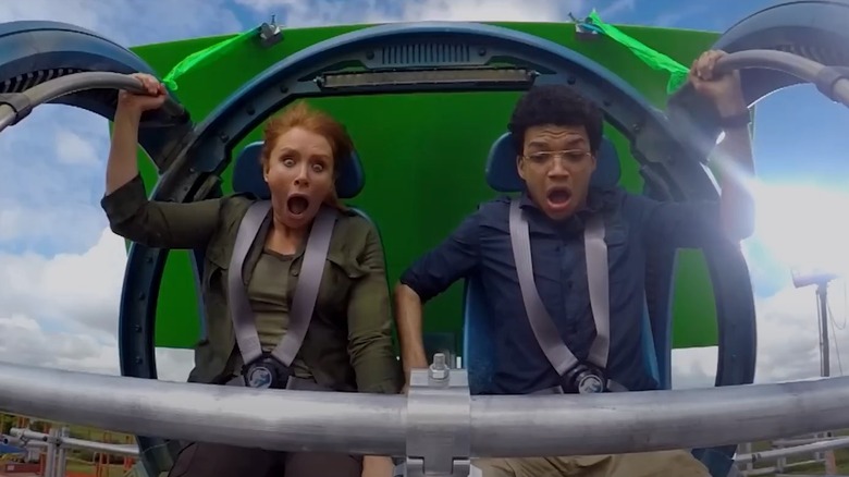 Claire and Franklin inside the falling Gyrosphere