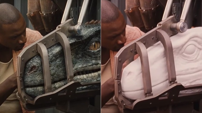 Actor pets white Velociraptor head