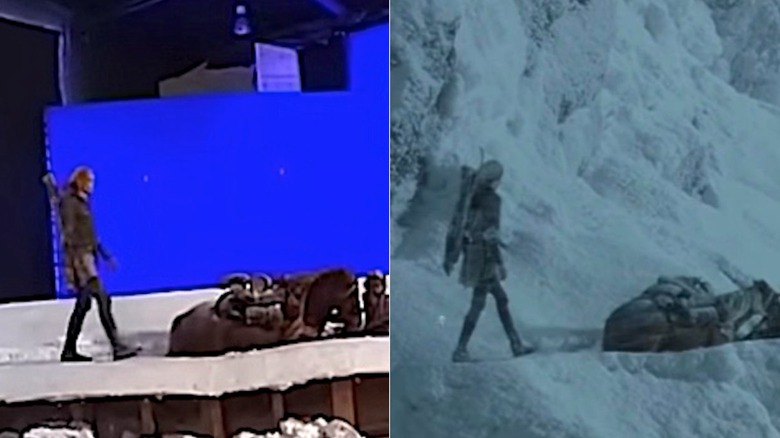 Legolas and Gimli doubles film on fake snow in front of blue screen