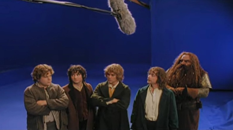 Sam, Frodo, Merry, Pippin, and Gimli with a blue screen behind them