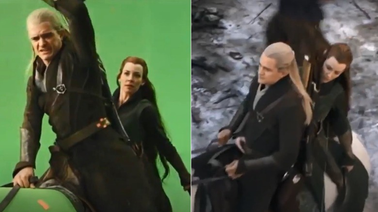 Legolas and Tauriel riding a fake horse