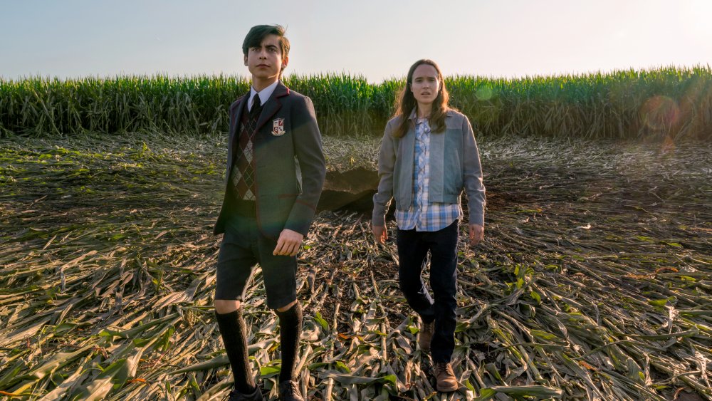 Aidan Gallagher as Number Five and Ellen Page as Vanya on The Umbrella Academy season 2