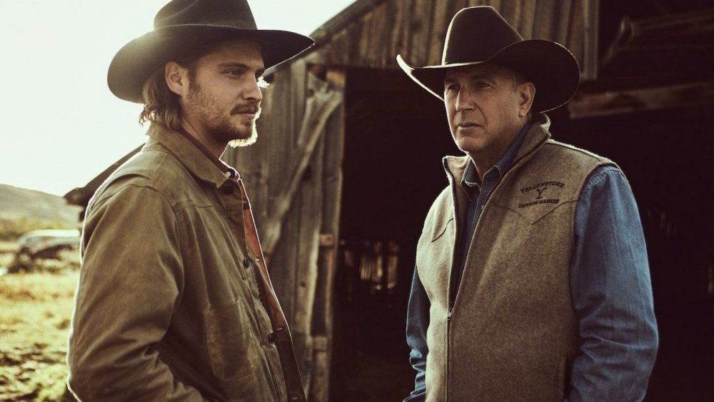 Kevin Costner and Luke Grimes as John and Kayce Dutton on Yellowstone