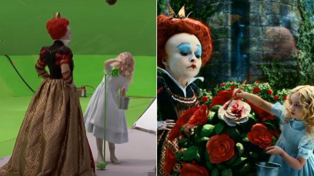 Helena Bonham Carter as Iracebeth, the Red Queen, in Alice in Wonderland, before and after visual effects were added