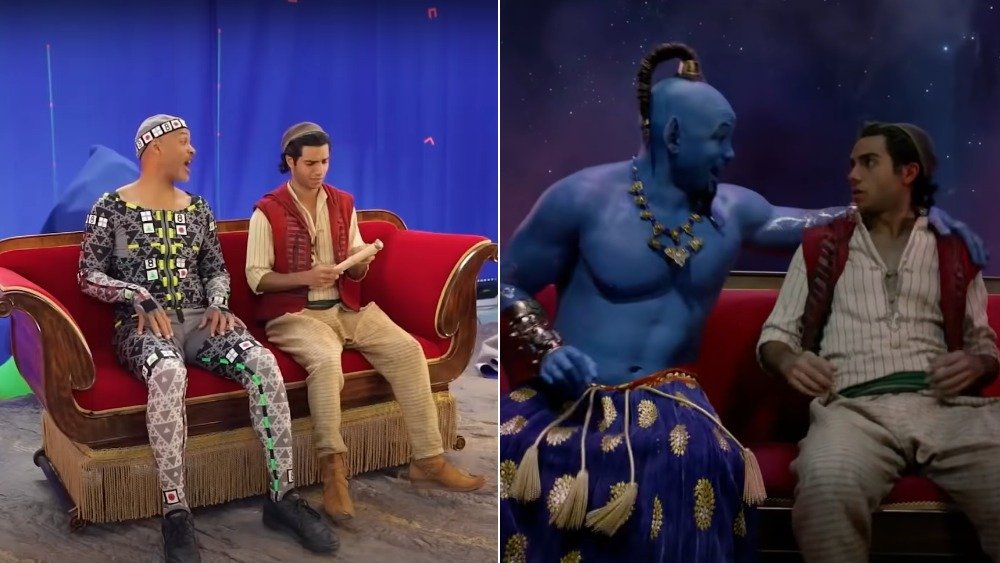 Will Smith and Mena Massoud as the Genie and Aladdin, before and after visual effects were added