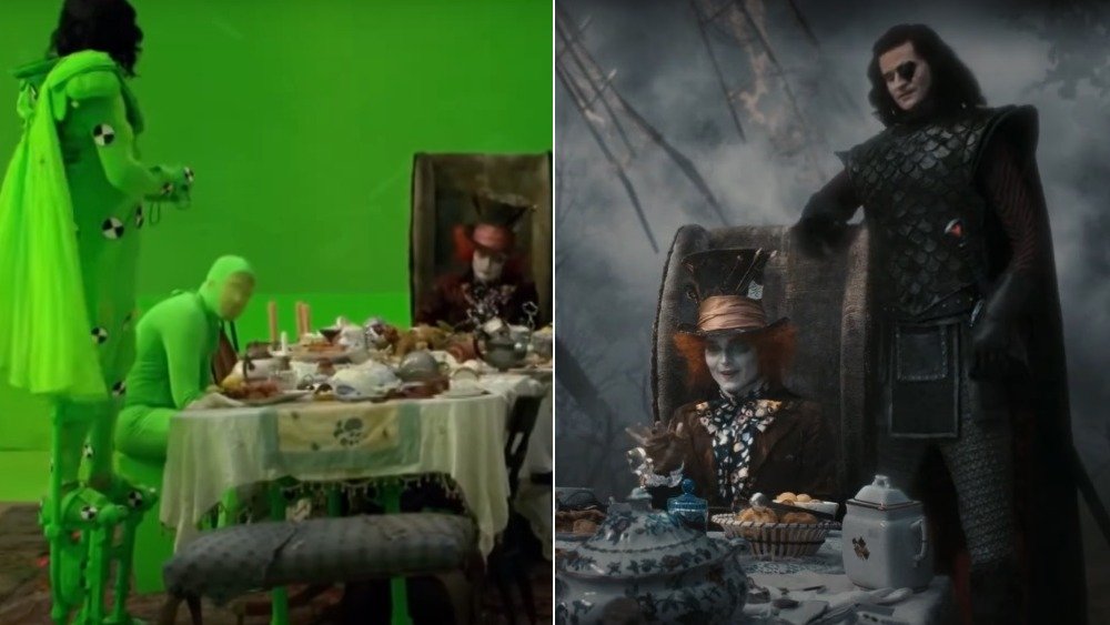 Crispin Glover and Johnny Depp as the Knave of Hearts and the Mad Hatter in Alice in Wonderland, before and after visual effects were added