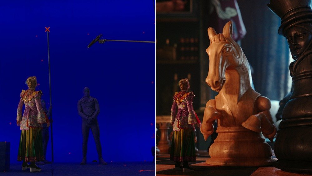 The chess scene in Alice Through the Looking Glass, before and after visual effects were added