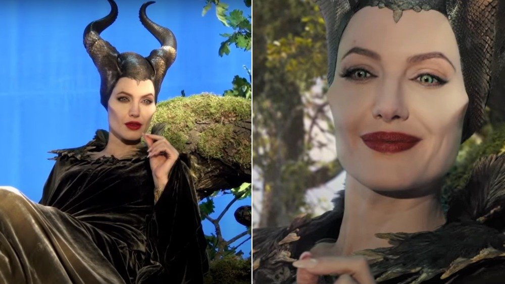 Angelina Jolie as Maleficent, before and after visual effects were added