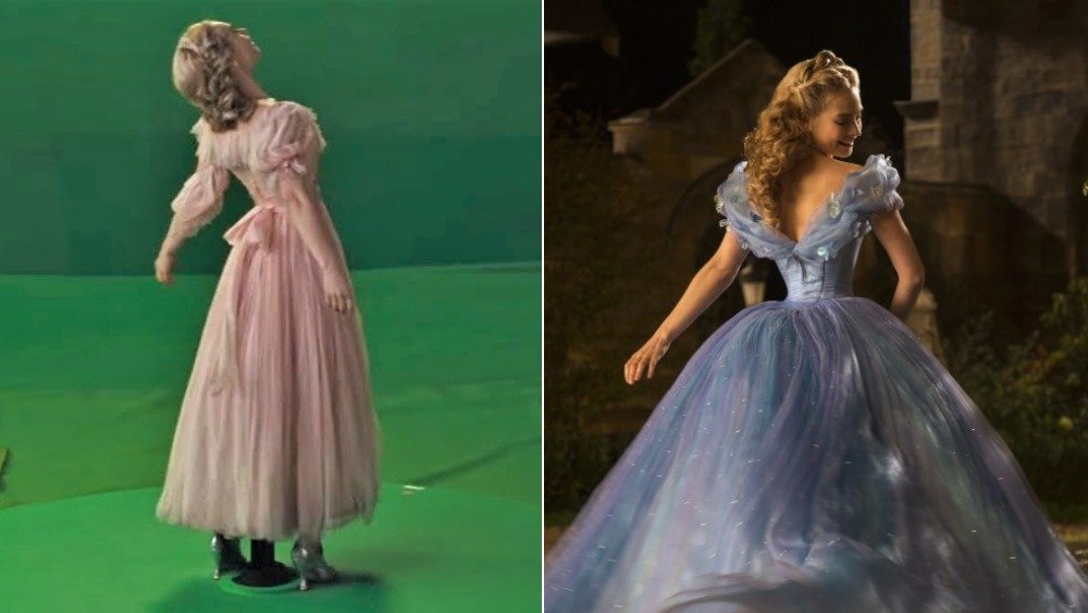 Lily James as Cinderella in her iconic dress, before and after visual effects were added