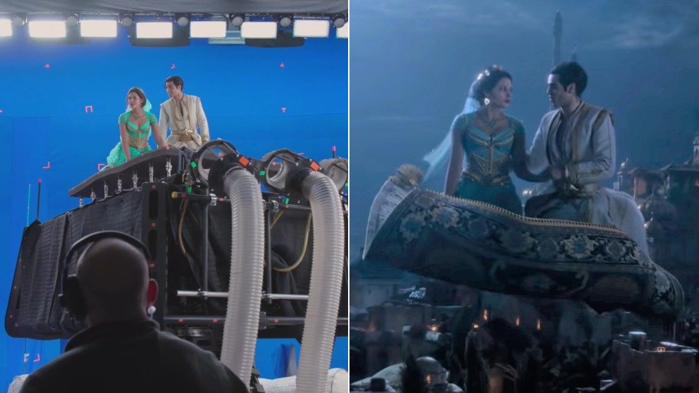 Mena Massoud and Naomi Scott as Aladdin and Princess Jasmine on the magic carpet, before and after visual effects were added