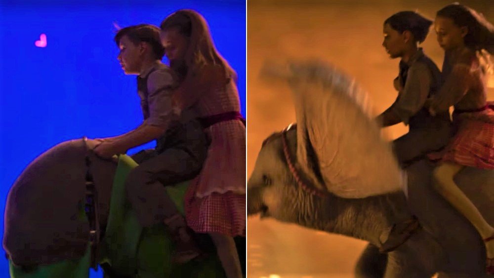 Nico Parker and Finley Hobbins in Dumbo, before and after visual effects were added