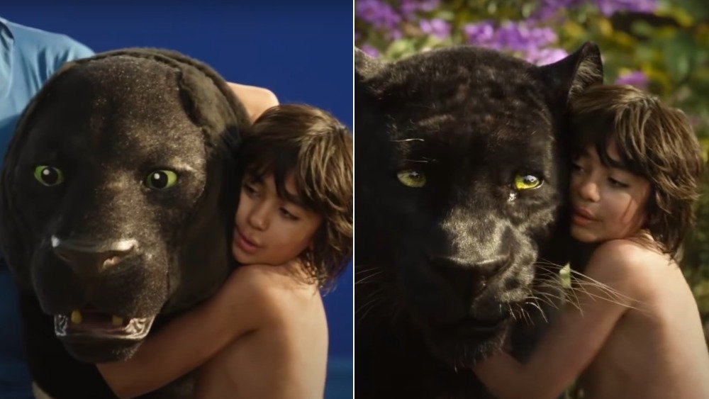 Neel Sethi in The Jungle Book, before and after visual effects were added