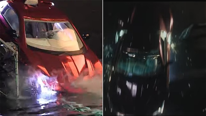 Joker's car plunging into water before and after special effects