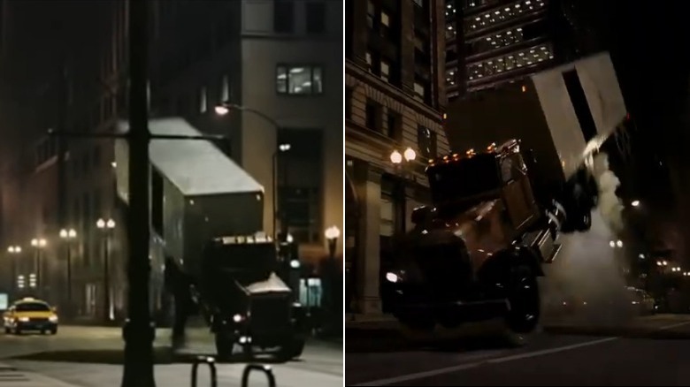 The Joker's truck flipping before and after special effects