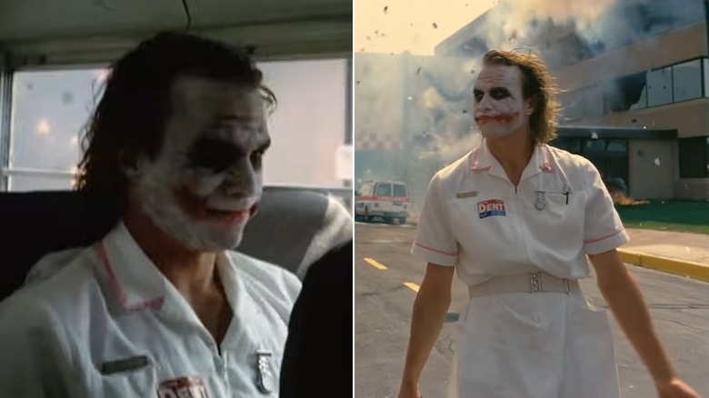 Joker in front of exploding hospital before and after special effects