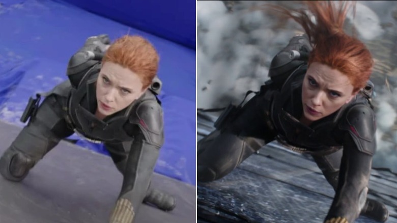 Black Widow escaping from the destroyed Red Room