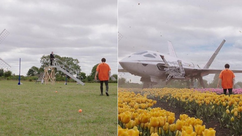 Peter Parker in a field with a plane