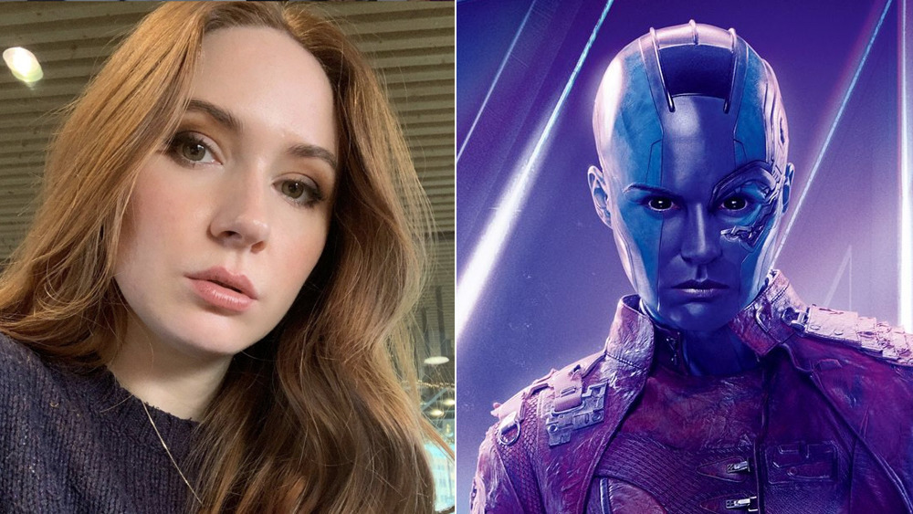 Karen Gillan in 2020 (left), Publicity photo of Nebula for Avengers: Infinity War