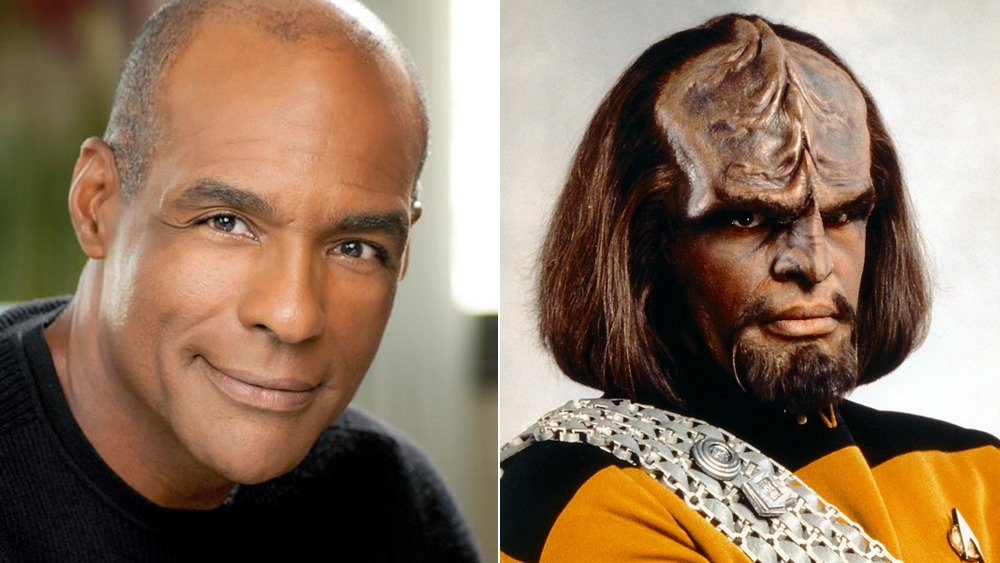 Michael Dorn in 2015 (left), a publicity photo of Worf from Star Trek: The Next Generation (right)