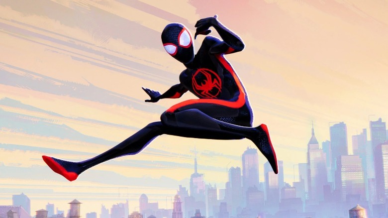 Miles Morales in costume jumping in the air