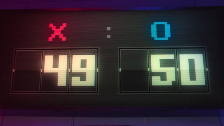 Glowing sign displaying votes in "Squid Game" (49 for X and 50 for O)