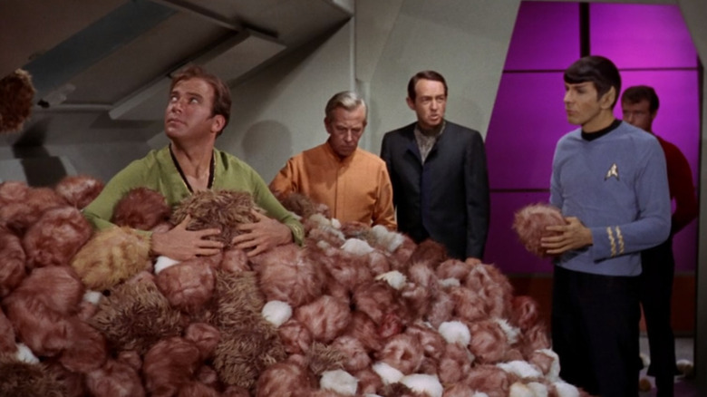 Kirk and Spock with the Tribbles